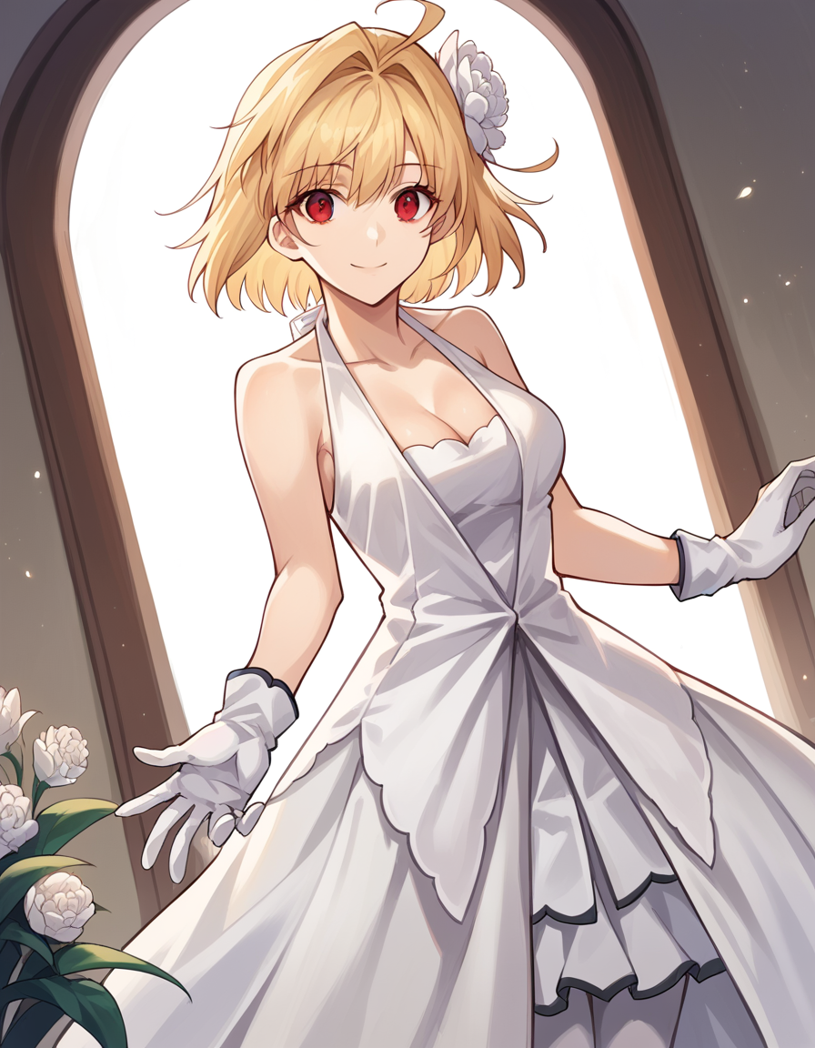 score_9, score_8_up, score_7_up, source_anime, <lora:arcueid-brunestud-10th-anniversary-ponyxl-lora-nochekaiser:1>, arcueid brunestud, blonde hair, red eyes, short hair, ahoge, hair intakes,, medium breasts, hair ornament, gloves, dress, cleavage, bare shoulders, flower, pantyhose, white gloves, hair flower, white dress,, indoors, smile, looking at viewer, solo,, cowboy shot, dutch angle