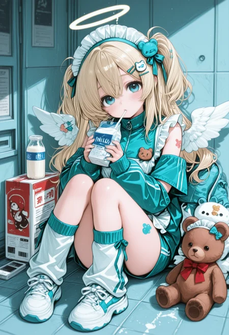 ,,1girl,solo,long hair,looking at viewer,blush,blue eyes,blonde hair,hair ornament,holding,hair between eyes,sitting,jacket,full body,short sleeves,frills,wings,detached sleeves,shorts,shoes,socks,hairclip,nail polish,halo,apron,cup,aqua eyes,head tilt,maid,maid headdress,tattoo,stuffed toy,light brown hair,stuffed animal,sneakers,white apron,knees up,maid apron,track jacket,angel wings,drinking straw,teddy bear,drink,tiles,arm warmers,aqua nails,holding stuffed toy,loose socks,leg warmers,unconventional maid,milk,milk bottle,milk carton,bear hair ornament,aqua theme,white headdress,carton,aqua shorts,,masterpiece,best quality,newest,absurdres,highres,very awa, 