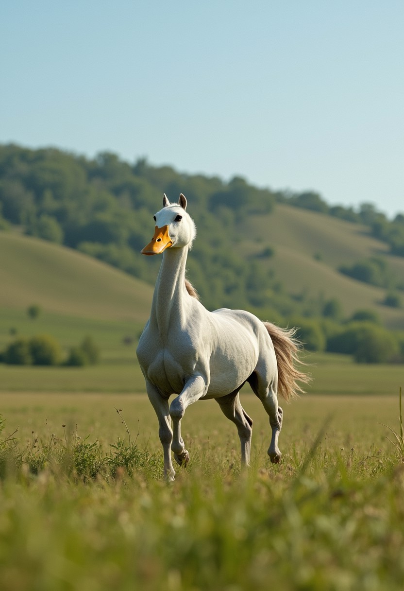 On a vast grassland, an unusual creature is running. Its body is that of a (horse), with smooth and strong muscle lines, but its head is that of a (duck). The duck's head, with a bright orange beak contrasting with white feathers, looks both adorable and comical. The background of the grassland features (rolling hills) and (green vegetation), with a blue sky adding to the sense of natural expanse and tranquility. This whimsical combination of (the elegance of a horse and the innocence of a duck) creates a sense of surreal beauty, as if it came from a fantastical fairy tale.