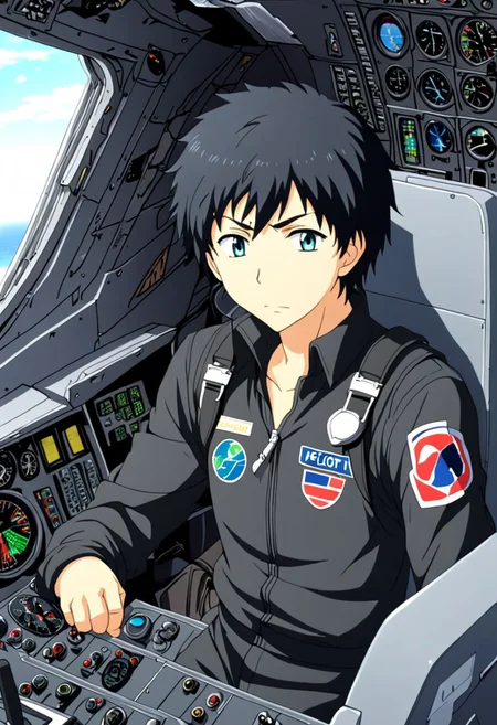 high resolution, solo, best quality, 1Boy, Arata Kaizaki, Black Hair, Pilot, Cockpit, OverallDetail