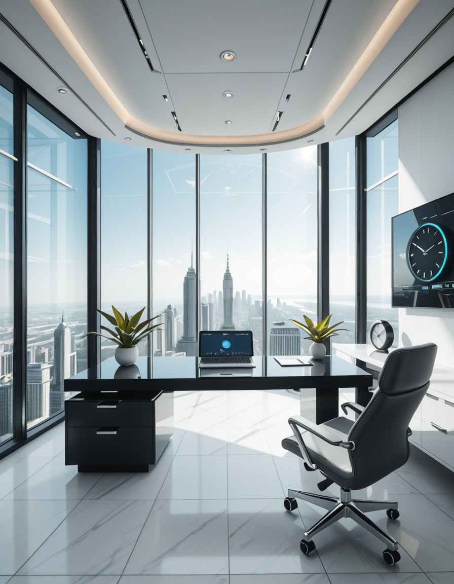 A modern, luxurious executive secretary's office located at the top floor of a futuristic skyscraper. The office has floor-to-ceiling glass walls offering a breathtaking panoramic view of a bustling metropolis under a clear blue sky. Inside, the design is ultra-minimalist and high-tech, with sleek white furniture, a glossy black desk with an integrated digital interface, and an ergonomic designer chair in matte gray leather. There are a few elegant green plants strategically placed for a touch of nature. A thin holographic screen hovers above the desk, displaying schedules and emails. The lighting is bright but soft, coming from recessed LED strips in the ceiling and natural sunlight pouring in. The atmosphere feels calm, professional, and cutting-edge, reflecting the spirit of a powerful tech company. In the background, a subtle artistic sculpture and a minimalist clock complete the decor.
<lora:SDXLFaeTastic2400:0.4> <lora:extremely_detailed:0.4> extremely detailed,secretary 0ff1c3, <lora:secretary_0ff1c3_r1-i:1>, Masterpiece,best quality,hi res,8k,hi res,8k,award winning,(sharp focus, intricate, highly detailed),