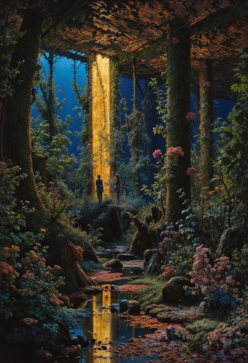 This breathtaking piece by Raqib Shaw showcases his signature style, combining textile art and painting. The foreground features an overgrown gold beam, while the background is a mix of sapphire and copper hues. Obsidian and technicolor elements add depth and contrast to the piece. The ethereal lighting illuminates the scene, casting dynamic shadows across the intricate textures and patterns. The reflective surfaces and the reflecting beams enhance the overall visual impact, drawing the viewer into the surreal world created by the artist.<lora:AS_3:1> <lora:flux.1_lora_flyway_Epic-detail_v2:0.6> <lora:lora:0.5>