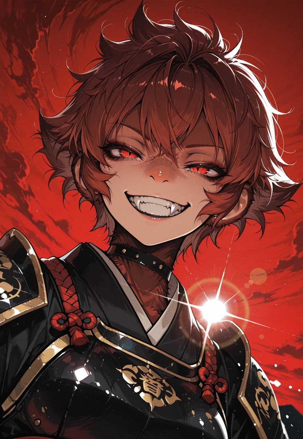 highly detailed, fine skin detail, absurdres, highly-detailed, best quality, detailed eyes, beautiful eyes, masterpiece, very aesthetic, dutch angle, extreme theme, time, descension, splitting sky, red sky, solo, 1girl, J4ckie, samurai armor, face focus, face close up, narrowed eyes, growl, grin, wrinkled nose, (lens flare:1.5), distortion, outdoors, magic,