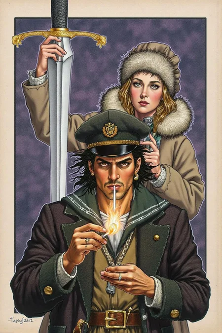 jole1 illustration.
The primary figure is a man with piercing eyes and a stern expression. He has dark, unkempt hair, wears a single earring and a military-style sailor cap. He is lighting up a cigarette with a burning match. In the background there is an woman wearing winter coat and fur hat. She is holding a long sword with both hands. <lora:jole1_cap_d6a3e12:1.0><lora:825852396610607528:0>