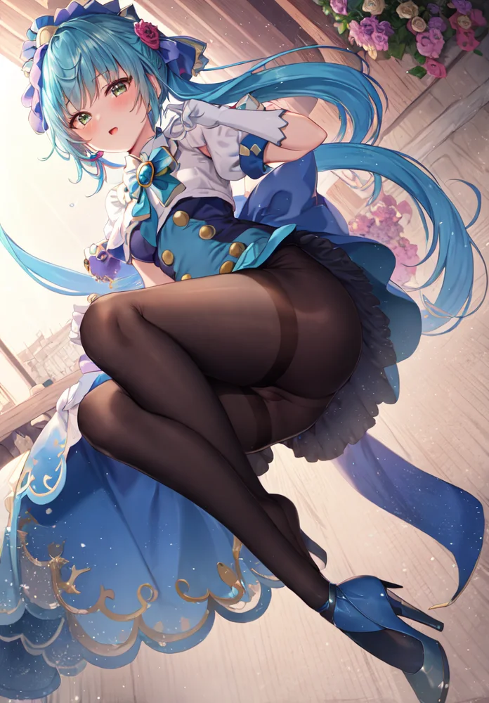 ((masterpiece, best quality)),
1 girl,standing ,full body,(View from a little higher up),small_breasts,
cure-Spicy,blue legwear,dress,gloves,((navy blue pantyhose)), puffy sleeves,white gloves,navy blue footwear,brooch,jewelry,bangs,frills,flower,(blue skirt,long skirt,)high heels,(blue hair,)multicolored hair,Right side ponytail,jewelry
<lora:Cure-Spicy_v2:0.6:ALL1>