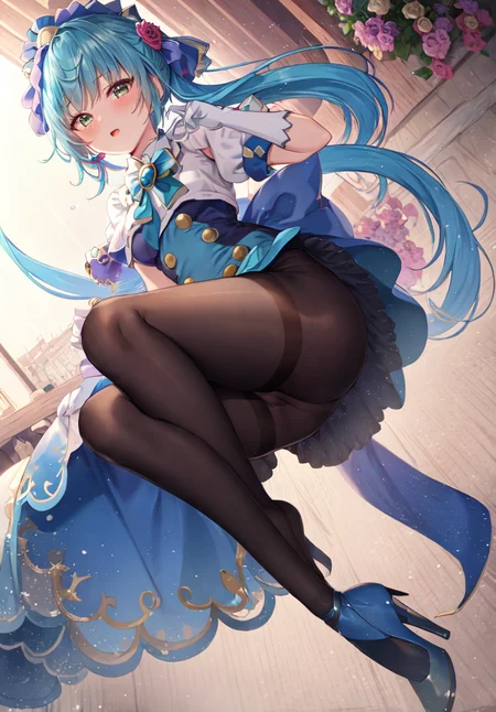 ((masterpiece, best quality)),
1 girl,standing ,full body,(View from a little higher up),small_breasts,
cure-Spicy,blue legwear,dress,gloves,((navy blue pantyhose)), puffy sleeves,white gloves,navy blue footwear,brooch,jewelry,bangs,frills,flower,(blue skirt,long skirt,)high heels,(blue hair,)multicolored hair,Right side ponytail,jewelry
<lora:Cure-Spicy_v2:0.6:ALL1>