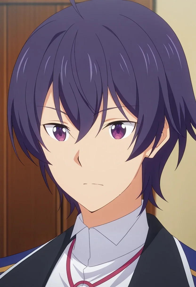 masterpiece, best quality, , anime screencap, anime coloring, official style,, 1boy, solo, male focus, <lora:shin_wolford_ilxl:0.9>, shin_wolford, purple hair, purple eyes, short hair, ahoge, hair between eyes, ,
