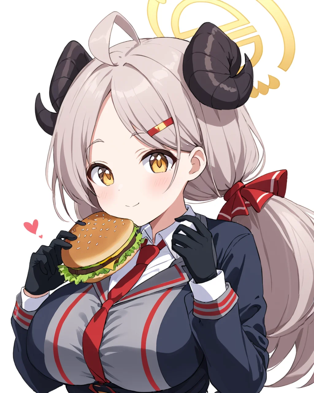 izumi \(blue archive\),1girl, horns, burger, solo, large_breasts, ahoge, halo, holding_food, upper_body, white_background, eating, black_gloves, spoken_heart, simple_background, food_on_face, hair_ornament, red_necktie, low_twintails, long_sleeves, closed_mouth
<lora:izumi_(blue_archive)_image415_2023-11-27-000025:1>halo. gorgeous,key visual, vibrant, studio anime,award-winning, professional, highly detailed,high budget, cinemascope