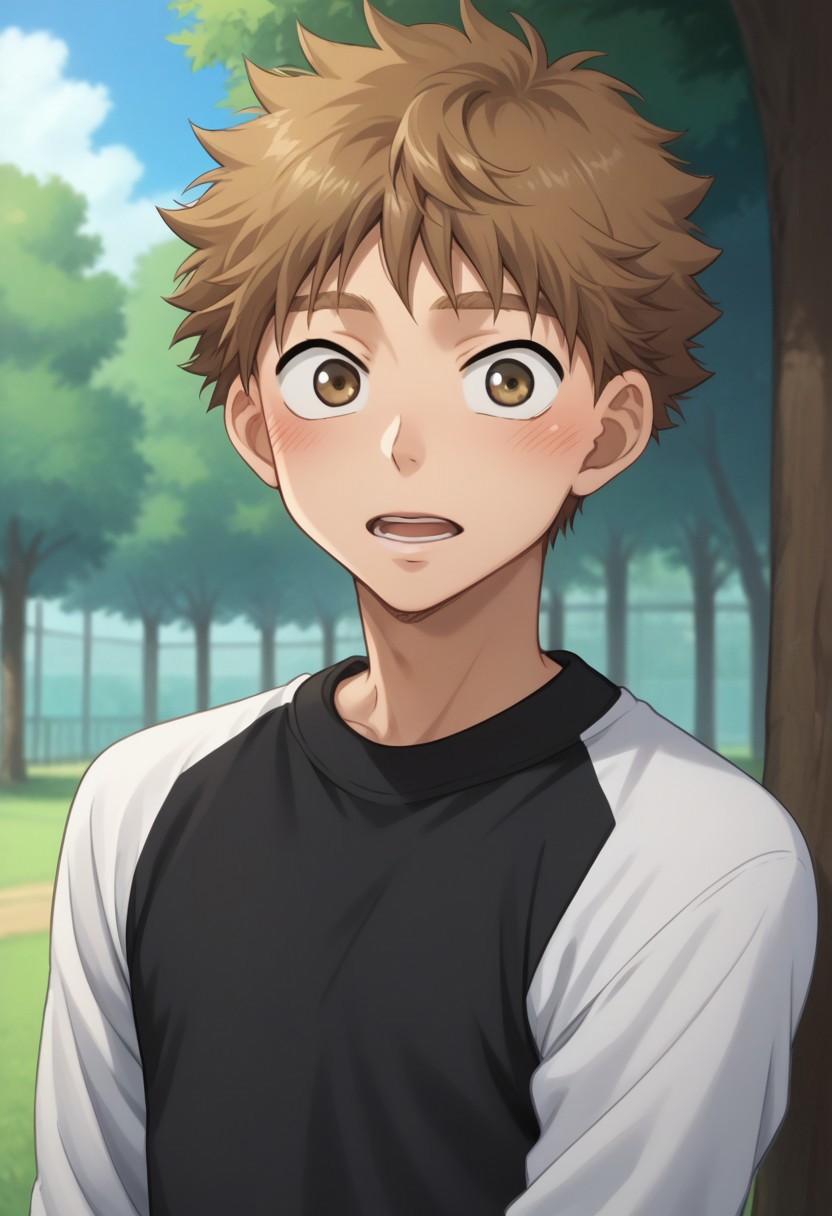 score_9, score_8_up, score_7_up, source_anime, highly detailed, 
mihashi, 1boy, male focus, brown eyes, blush, solo, brown hair outdoors, raglan sleeves,
open mouth, looking at viewer, shirt, white shirt, black shirt, long sleeves,
tree, upper body,