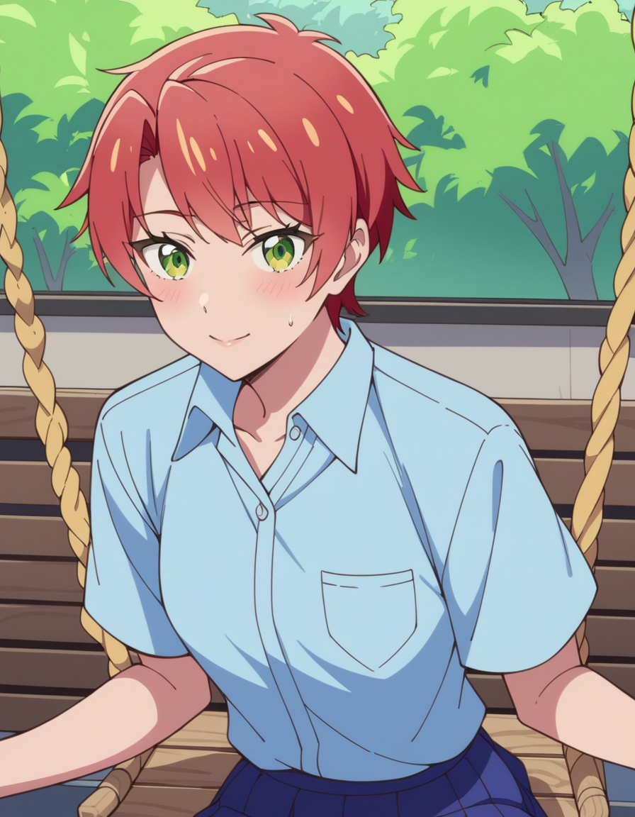 score_9, score_8_up, score_7_up, source_anime, uncensored, <lora:StS_detail_slider_v1:3>, zPDXLxxx, <lora:Mei_Hamano_PONYXL_VexVexX:1>, MeiHamano, 1girl, green eyes, red hair, short hair, bangs, medium-small breasts, school uniform, blue skirt, blue shirt, collared shirt, short sleeves, cowboy shot, bedroom, from front, Sitting on a swing with legs dangling, leaning back with hands gripping the sides of the swing, thighs, looking at viewer