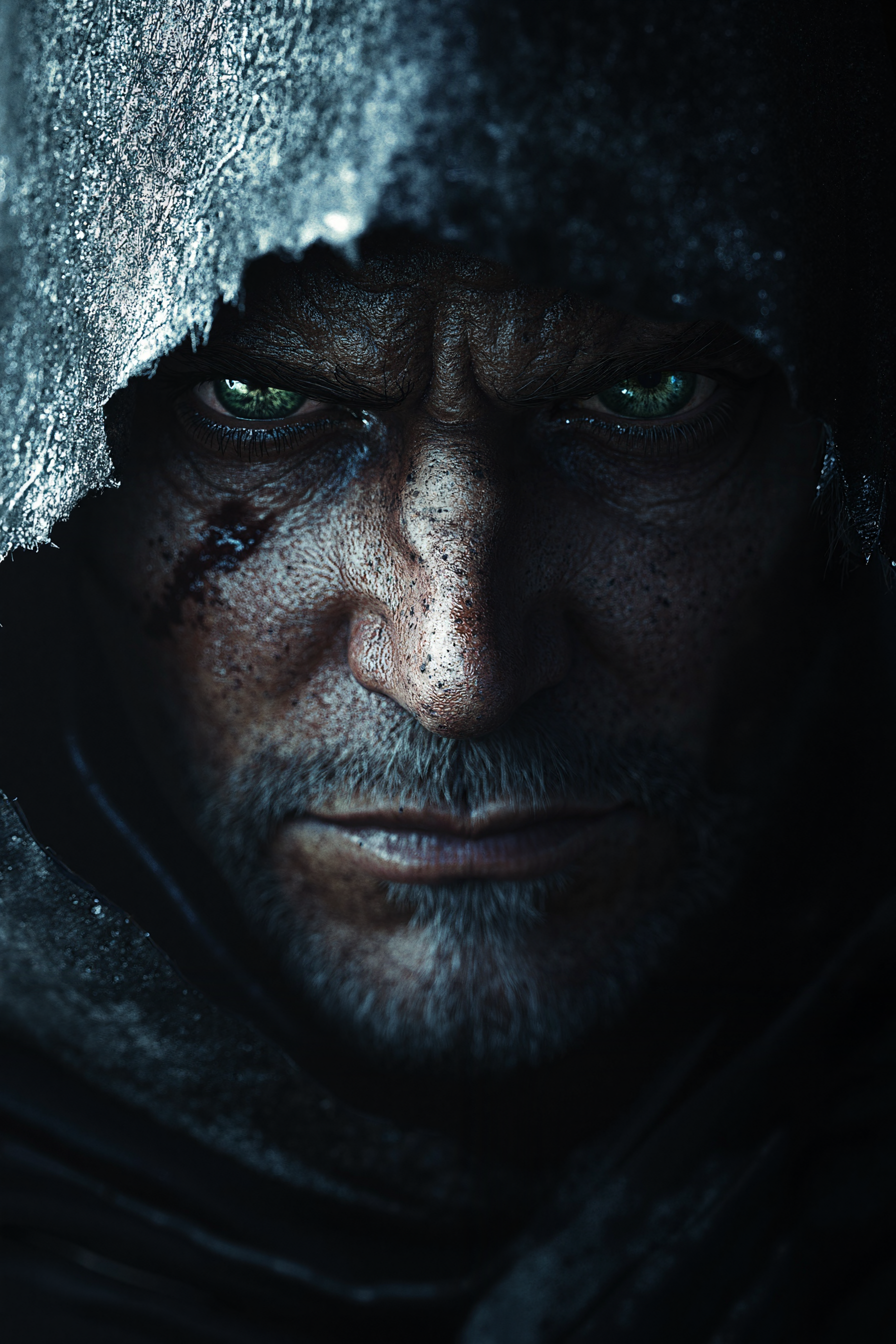 A weathered traveler with piercing green eyes and a faint scar along their cheek. Their face is illuminated by the soft glow of a lantern, shadows dancing across their sharp features. A hood rests on their shoulders, revealing strands of unkempt hair. Their gaze is intense, carrying the weight of untold stories and distant journeys. Style: Hyperrealism with rich textures and moody lighting.  --ar 2:3 --v 6.1 --stylize 400  --sref 2839290101  --sw 100