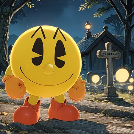 yellow pacmanxl standing, holding flashlight, graveyard, bright blue bedsheet ghost  <lora:PacmanXL:.69>, (anime, masterpiece, intricate:1.3), (best quality, hires textures, high detail:1.2), (4k),(incredibly detailed:1.4),UHD, 8K, ultra detailed