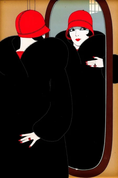ernestogarciacabral1 illustration.
A woman with a red hat and black fur coat stands in front of a mirror that reflects her image. Her red lips and red nail polish on a visible hand with a red ring contrast with the rest of the scene. She is turning her head to look over her shoulder. <lora:ernestogarciacabral1_cap_d6a3:1.0><lora:849838594943155720:0>