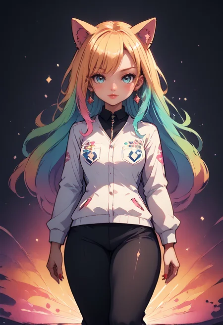 depiction of a cat girl gal walking through the city, Gyaru, heavy makeup, shortstack, 2d style with thick outlines,<lora:NoctAbstractConcept:0.8> abstract, abstract background, particles, colorful <lora:PonyMinimalStyle:0.8> MinimalStyle, score_9,score_8_up,score_7_up,highres, masterpiece,