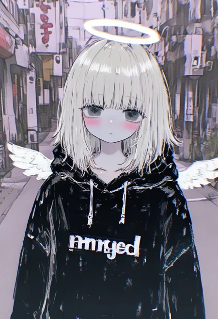 halo, 1girl, hood, solo, hoodie, looking at viewer, wings, hood down, upper body, black hoodie, angel, medium hair, bangs, outdoors, angel wings, white hair, long sleeves, blush, grey eyes, drawstring <lora:748cmXL_NBVP1_lokr_V6311P:0.95>