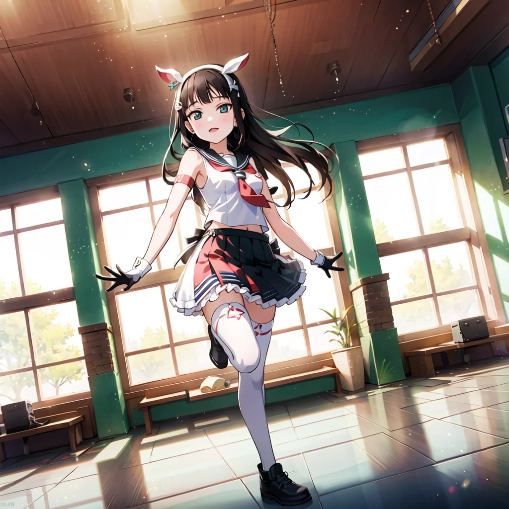 best quality, ultra high res, 1girl, full body, bare shoulders, half body under water,cinematic angle,from behind,thigh gap,cleavage,revealing,see-through,professional lighting,thighhighs,sailor collar,necklace,