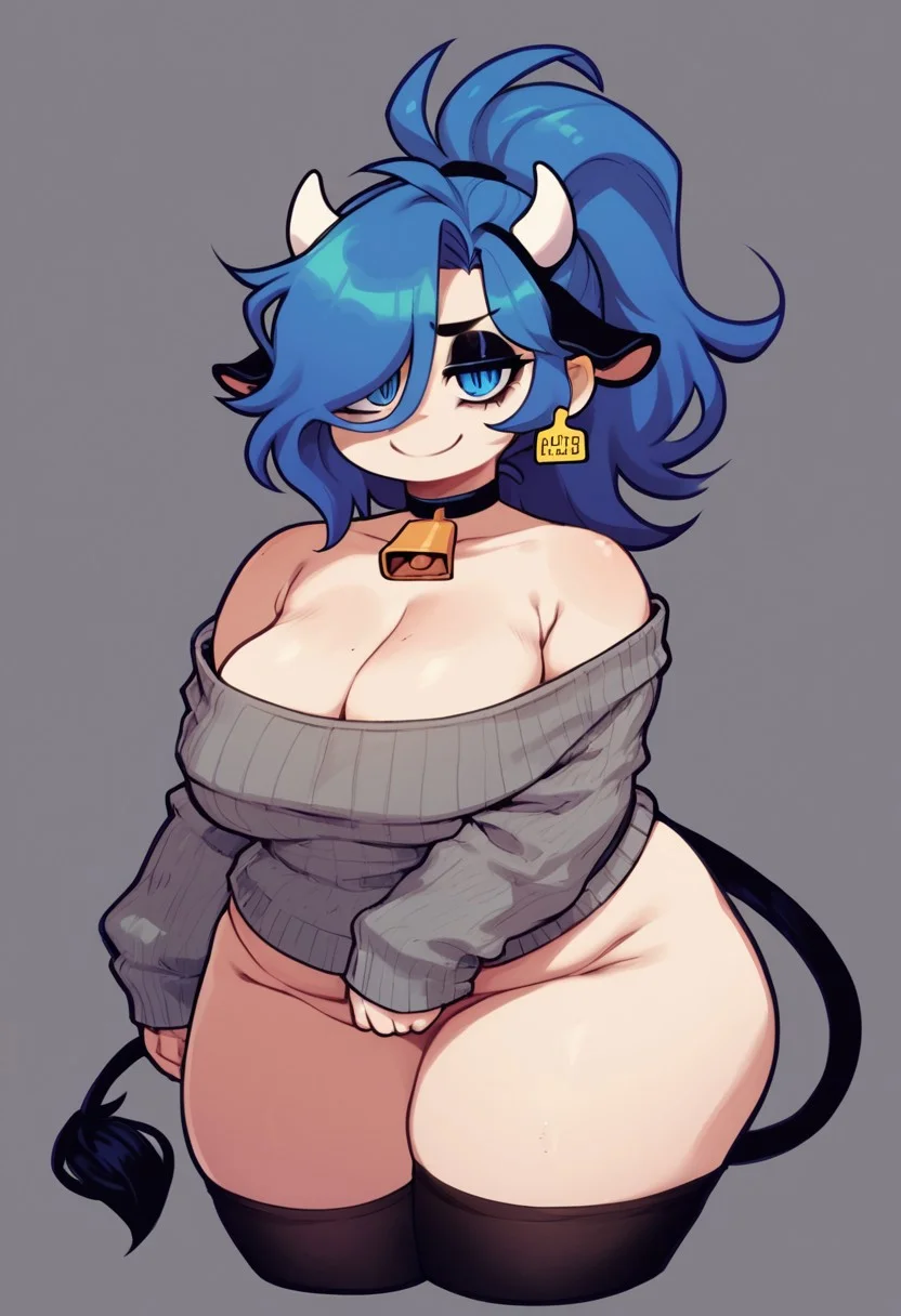 score_9, score_8_up, score_7_up, score_6_up, score_5_up, 1girl, human skin, solo, breasts, tail, blue hair, white streaks in hair, white horns, cow tail, cow ears, ear tag on cow ear, no human ears, ponytail hair, large_breasts, smile, looking_at_viewer, long_hair, choker, black_background, blue eyes, slit pupils, gray off shoulder sweater, curved demon_horns, simple_background, cleavage, bottomless, bare shoulders, closed_mouth, head_tilt, hair over one eye, cowboy_shot, collarbone, black_choker, cowprint_thighhighs, bangs, shirt, standing, toxicsoul77style, big eyes, cartoony face, chibi, chubby, bbw, black eyeshadow, half lidded eyes, back view, huge ass,