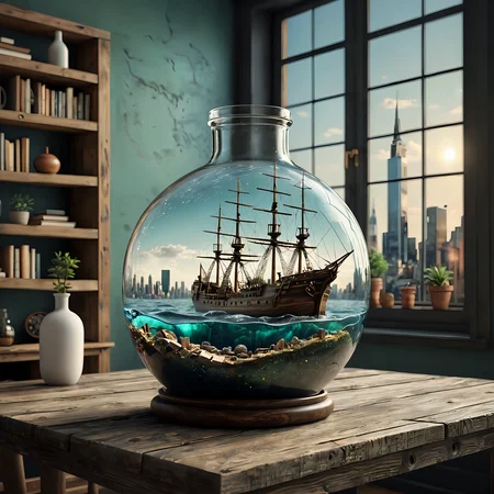 Photo, photorealistic, RAW, 8k,

Ship in a bottle, ocean, shelf. Rustic.

On a table in a living room in the city.

illusionix
<lora:RMSDXL_Enhance:1.0>
<lora:add-detail-xl:0.8>
<lora:The_Dark_Side_of_the_Earth:0.4>
<lora:illusionix:1>