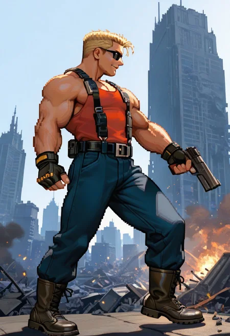 (masterpiece:1.2), (best quality:1.3), amazing quality, very aesthetic, best aesthetic, highres, absurdres, HD, shading, newest, perfect composition, intricate details, detailed face and eyes, cel-shaded, sharp lines, Beautiful background, color vibration, scenery, 1boy, xdnukemx, blonde hair, muscular, sunglasses, manly, red tank top, blue pants, bandelier, fingerless gloves, belt, suspenders, boots, toned, beautiful, dynamic pose, smile, standing, masterful composition, dynamic movement, cinematic lighting, sidelighting, light particles, dramatic shadows, full view, SF3XL,, full body, from side, pixel, looking away, new York city, destruction, destroyed city, scifi, sci-fi, gun, weapon, holding, fighting stance