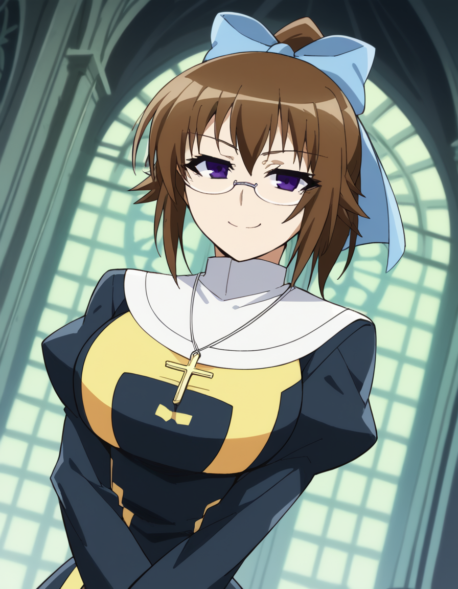 score_9, score_8_up, score_7_up, source_anime, <lora:mogana-kikaijima-s2-ponyxl-lora-nochekaiser:1>, mogana kikaijima, brown hair, purple eyes, ponytail, glasses, hair bow, blue hair bow, large breasts,, <lora:traditional-nun-ponyxl-lora-nochekaiser:1>, traditional nun, nun, habit, long sleeves, dress, black dress, jewelry, black veil, cross, cross necklace,, church, smug, praying,, , dutch angle, cowboy shot