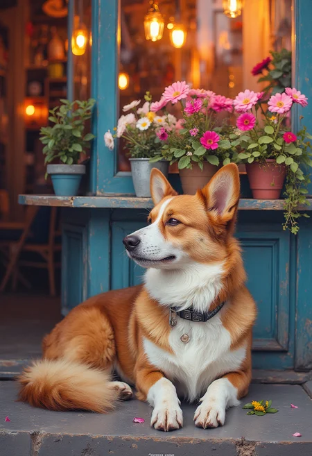 A corgi sleeping in front of a cafe, afternoon, cozy scene, colorful, vibrant glow