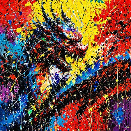 (masterpiece, high resolution, detailed:1.2), majestic dragon, (colorful scales:1.2), shimmering with every movement, (fiery red eyes:1.1), (sharp fangs:1.1), (curved horns:1.2), (flowing mane:1.1), dynamic pose, mid-flight, swirling through the air, trailing vibrant streaks of ink, reminiscent of Pollock's abstract art, (playful and energetic:1.2), (twisting and turning:1.1), (contrasting colors:1.2), (bright red, electric blue, vivid yellow:1.2), (splashes of green and purple:1.1), (inky trails:1.3), (detailed and intricate patterns:1.2), (ethereal atmosphere:1.1), (mysterious night sky:1.1), stars twinkling in the background, (moonlit clouds:1.2), (dramatic lighting:1.1), (captivating and awe-inspiring:1.2), ink brush strokes forming the dragon's shape, showcasing the beauty of traditional ink painting.