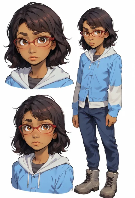 score_9, score_8_up, score_7_up, score_6_up, score_5_up, score_4_up, conceptart,multiple views,white background,simple background,<lora:concept:1>,
1girl, solo,,
TWD_Sarah,, , Latina-American, brown eyes, black hair, medium hair, dark skinned female,,, ,, young face, ((red frame glasses, blue and white hooded jacket, dark-gray shirt, blue jeans pants, gray boots,)),, young, flat chest,
<lora:princess_xl_v1:0.7>, <lora:Expressive_H:0.6>, <lora:incase-ilff-v3-4:0.5>, <lora:MysticalPlantPenetratorPDXL:0.5>, <lora:Sarah_TWDv2:1>