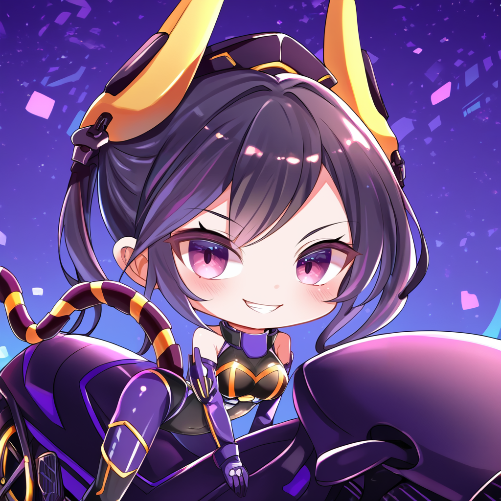 (score_9:0.9),score_8_up,score_7_up,anime style,rating_safe,(zPDXL),<lora: I P Masquerena ponyXL v1:0.8>,Purple bodysuit, yellow headgear, mechanical tight tail, official alternate costume, 1girl, motorcycle, solo, smile, looking at viewer, bare shoulders, grin, medium breasts, holding, shiny, teeth,chibi,