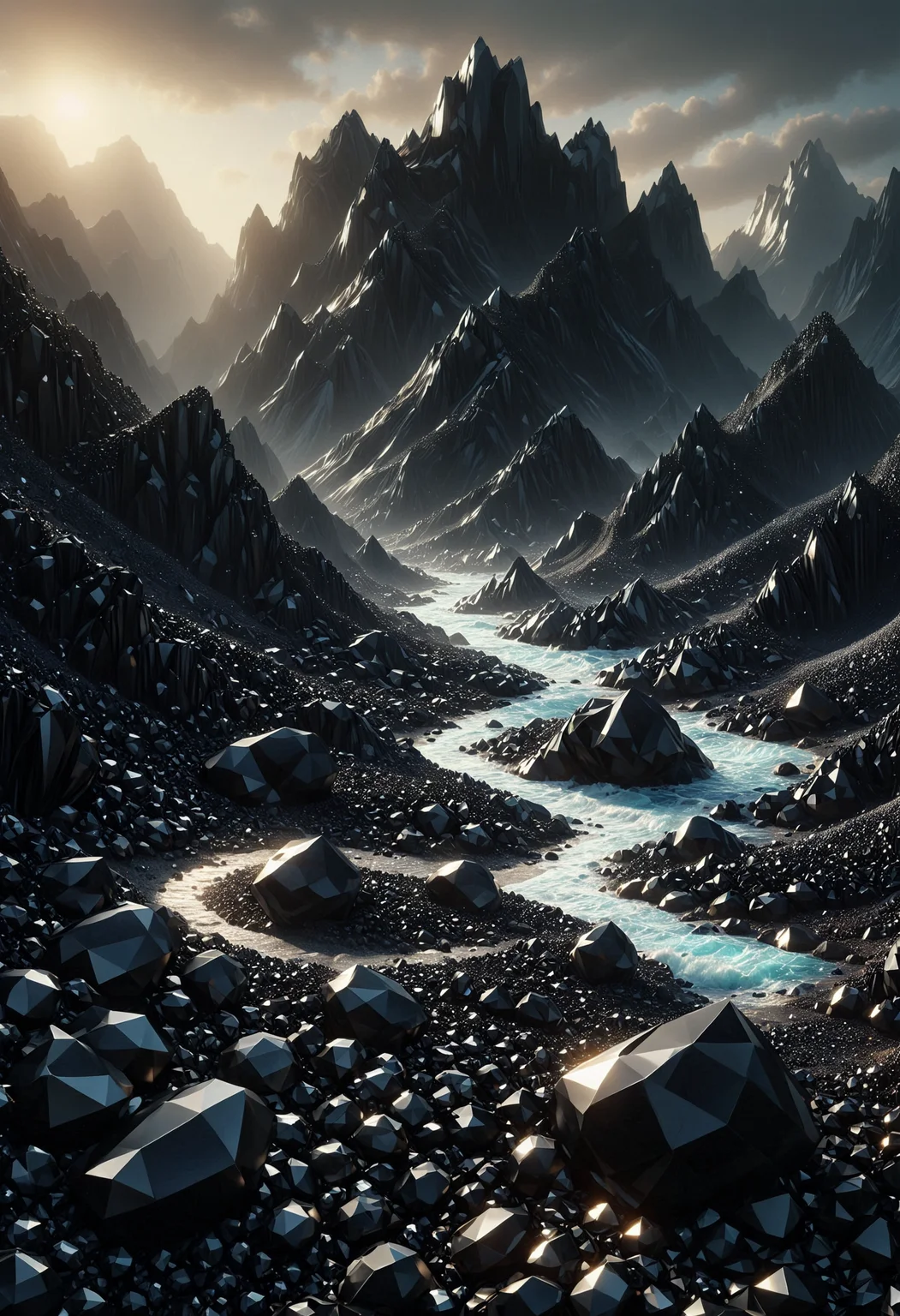 dark Oil painting, dramatic use of light and shadow, landscape of a Alhambresque [Polar Oasis:Bare Rock:3], extremely stylish, pure, aesthetic, complex artistic color composition, flowing, positive emotional, professional creative, made out of black diamonds, <lora:PinkieBlckDmndsSDXL-v1:1>, p1nkblackd1am0nds,