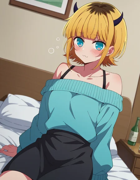 score_9, score_8_up, score_7_up, source_anime,
memcho, <lora:memcho-s1-ponyxl-lora-nochekaiser:1>
memcho, blonde hair, blue eyes, blunt bangs, demon horns, fake horns, horns, short hair,
bare shoulders, black skirt, blue sweater, long sleeves, off shoulder, off-shoulder sweater, puffy sleeves, skirt, sweater, white ribbon,
indoors, bed, bed room, on side, blush, drunk,
looking at viewer, dutch angle, cowboy shot