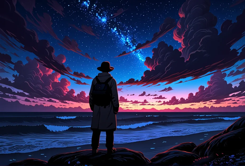 midnight scene of a wanderer silhouetted against the vast sky. The scene showcases dramatic clouds painted in vibrant hues, with an expansive ocean view in the background.   The lighting casts vivid, golden highlights, enhancing the surreal beauty of the landscape. The figure is dressed in vintage travel gear, adding a touch of nostalgia. Small details, like petals drifting on a gentle breeze, bring an extra layer of magic and realism to the scene.} bv-stuanilan<lora:bv-stunning-anime-landscape-v1.safetensors:1.0:1.0>