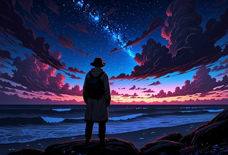midnight scene of a wanderer silhouetted against the vast sky. The scene showcases dramatic clouds painted in vibrant hues, with an expansive ocean view in the background. The lighting casts vivid, golden highlights, enhancing the surreal beauty of the landscape. The figure is dressed in vintage travel gear, adding a touch of nostalgia. Small details, like petals drifting on a gentle breeze, bring an extra layer of magic and realism to the scene.} bv-stuanilan<lora:bv-stunning-anime-landscape-v1.safetensors:1.0:1.0>