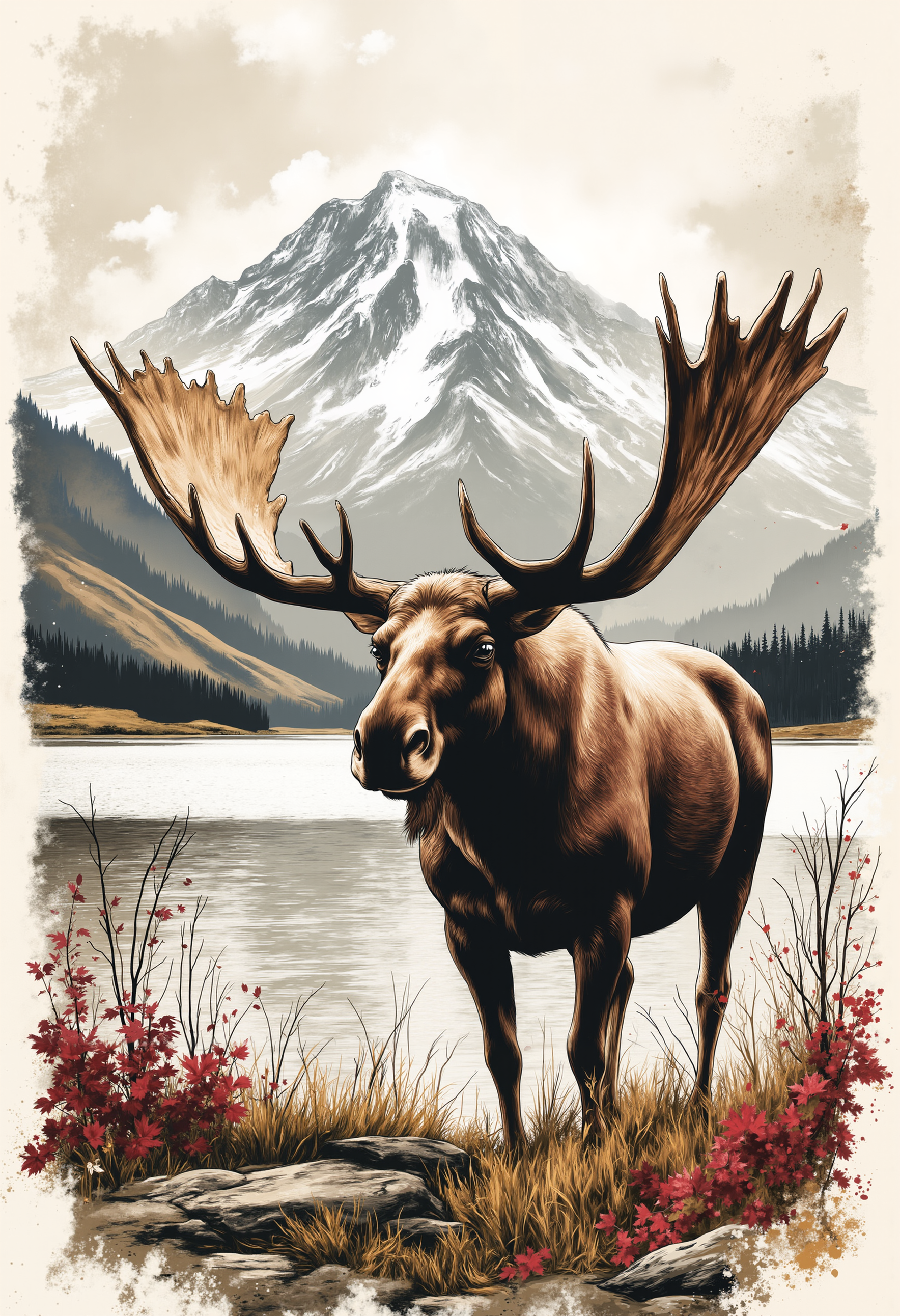 pst010, alaskan bull moose at the edge of a lake in the fall with mt denali in the background