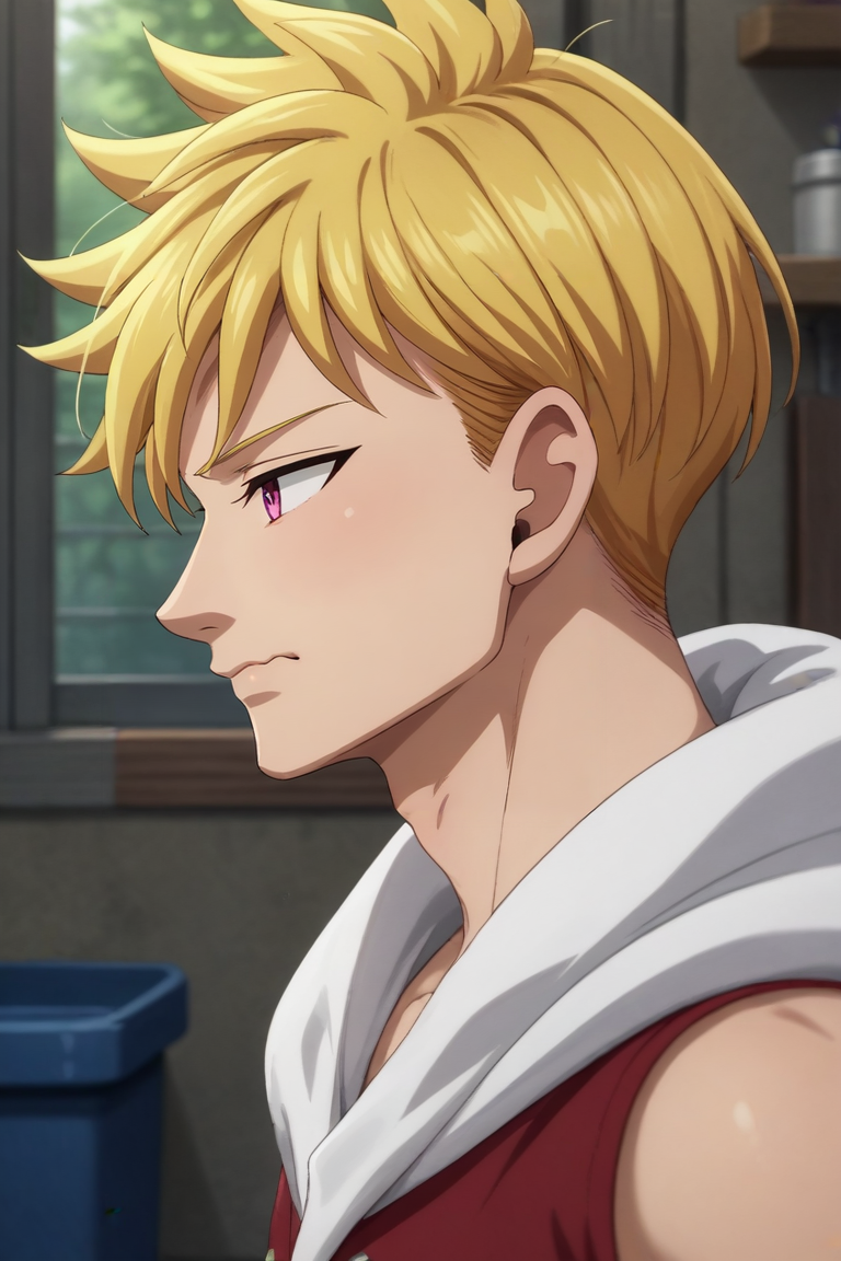 score_9, score_8_up, score_7_up, source_anime, rating_safe, intricate details, semi-realistic, , depth of field, 1boy, solo, male focus, <lora:lancelot_nnt_mny_pony:0.82>, lancelot_nnt_mny, blonde hair, pink eyes, short hair, profile, workshop, day, sunny, pointing, wavy mouth, closed mouth, , <lora:sdxl_lightning_8step_lora:1>