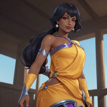<lora:nilahlol_pony_v1:.8> nilah, 1girl, very dark skin, dark-skinned female, earrings, jewelry, black hair, purple eyes, dress, lips, armlet, nail polish, fingerless gloves, bare shoulders, cowboy shot