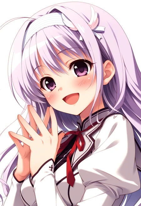 (best quality , masterpiece, good quality), sfw, general, 1girl, msmiu, purple hair, purple eyes, hairband, hair ornament, long hair, ahoge, school uniform, long sleeves, portrait, smile, open mouth, blush, simple background, white background, <lora:ms-miu_ilxl:1>,
