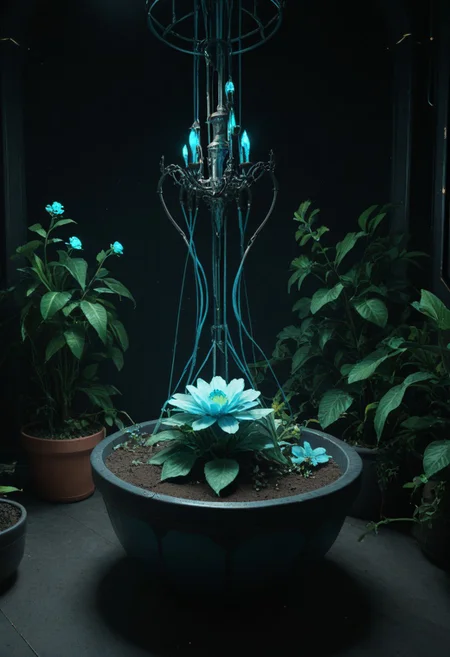 score_9, score_8_up, score_8,
cyberpunk, Albrecht, no humans,
(flower pot:1.2), blue lace,
glowing, black background, blue glow,