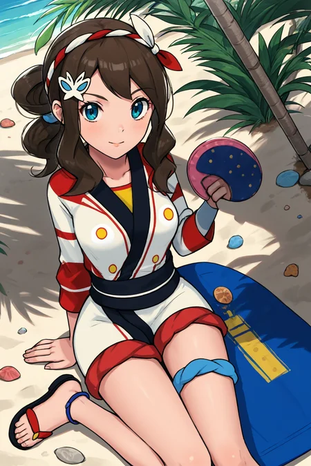 2d, masterpiece, best quality, amazing quality, highres, absurdres, newest, 1girl, solo, sitting, beach, night, from above, dutch angle, looking at viewer, medium breasts, score_9, score_8_up, score_7_up,source_anime, sumhilda, def colors, blue eyes, brown hair, sidelocks, silver hair ornament, nejiri hachimaki, red hairband, white hairband, japanese clothes, happi, long sleeves, multicolored jacket, red jacket, white jacket, yellow shirt, two-tone shorts, (white shorts), [red shorts], blue anklet, sandals, red footwear, black footwear