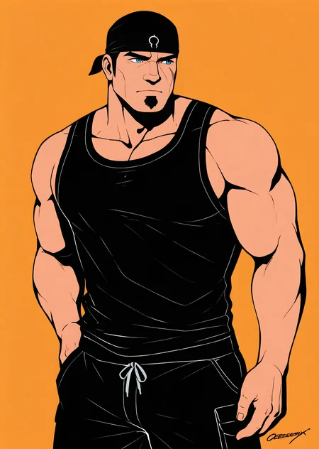 <lora:OG_Marcus_Fenix_IL:0.96> 1man, mature male, male focus, solo, ogmarcusfenix, tank top, black bandana, (bara, muscular), goatee, facial scar, black boxer, cowboy shot, blue eyes, simple background, (((simple color, high contrast, thick lineart, artist signature))), pose