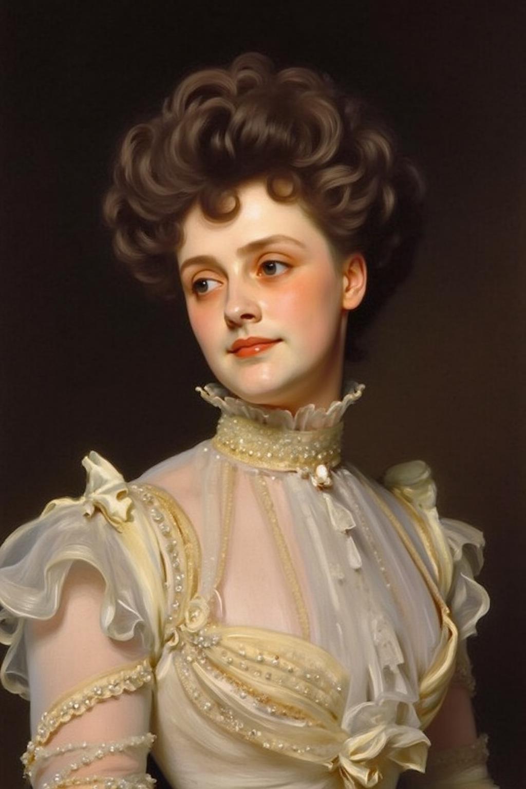 johnss1 painting.
an elegant young woman from early 20th century. She has voluminous, curly hair styled in an updo, with soft, expressive facial features. Her eyes are gentle yet confident, and she wears a high-collared Edwardian-style dress with delicate lace and intricate details.
 <lora:johnss2_cap_d6a3:1.0><lora:829175855189285065:0>