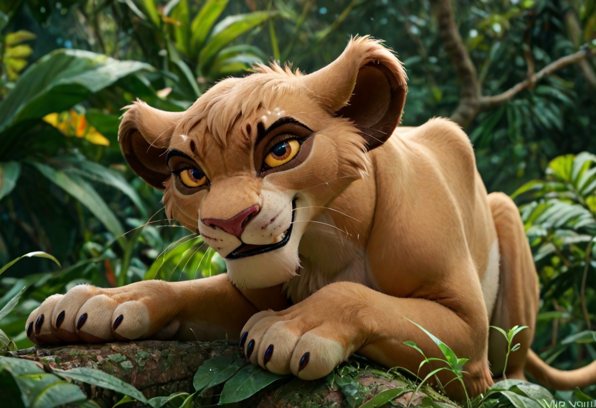 score_9, score_8_up, score_7_up, score_6_up, solo, 1girl, Vitani, anthro, lioness cub, furry female, feral, yellow sclera, evil smile, jungle