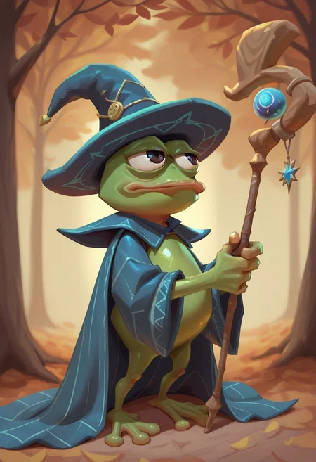 Z40Zstyle, painterly,  masterpiece, best quality, solo,                                                                                                                                                             pepe the frog,  autumn tree background, battle pose,   (detailed body), big eyes, shiny skin, green skin, wizard hat, wizard outfit, holding magical wizard staff,