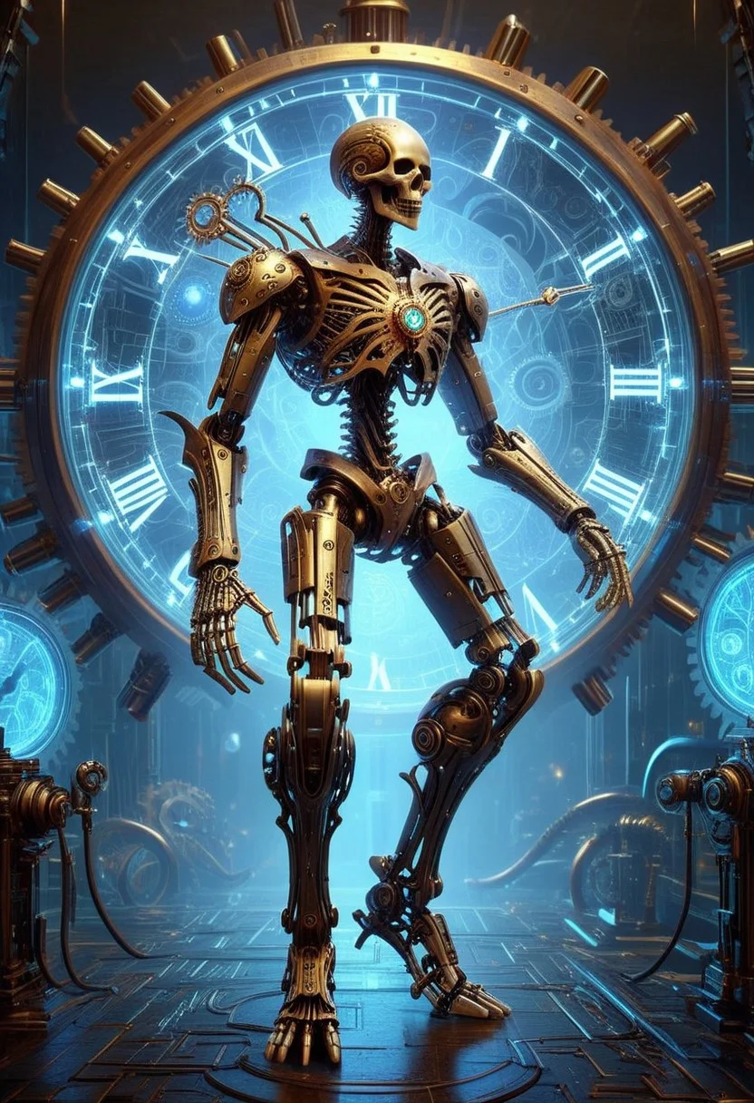 This is a highly detailed CGI rendering of a humanoid figure with a skeletal frame, resembling a steampunk or mechanical design. The figure stands upright in a clock based sci-fi future world. The skeletal structure is intricate, with multiple joints and bones clearly visible, giving it a robotic appearance. The head is a large, round, clock-like mechanism with Roman numerals and a small, central arrow pointing to the time "IIII." The clock face is surrounded by ornate, golden metalwork and a complex network of gears and cogs, suggesting a high level of mechanical sophistication. The figure's arms and legs are elongated and thin, with visible tendons and joints, adding to the mechanical feel. The hands and feet are claw-like, with sharp, metallic talons. The entire figure is made of a light brown, metallic material, giving it a weathered, aged look. There are additional mechanical parts and tubes attached to the figure's torso, suggesting advanced engineering or a steampunk aesthetic. The overall style is reminiscent of Victorian-era machinery, with a blend of organic and mechanical elements. The image is highly detailed, with a realistic texture and shading that emphasizes the intricate design and craftsmanship. Cyberspace, glowing magical energy in cyberspace