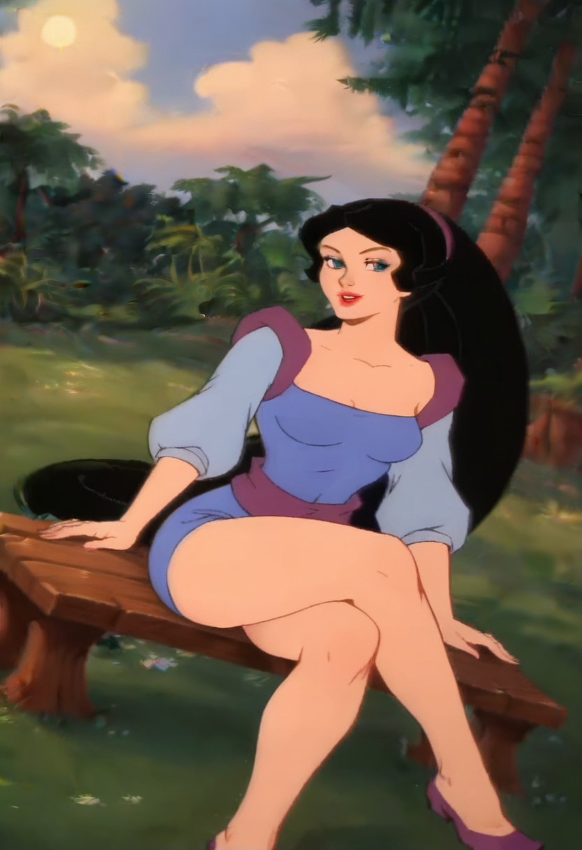 score_9_up, score_8_up, score_7_up, 1980s (style), retro artstyle, source_cartoon, rating_questionable 
solo, seductive, naughty face, sitting, crossed legs, outdoors, 1girl, bench, trees, sky, clouds, sun, looking at viewer, day, forest, cowboy shot, upper body focus, (Dutch angle:1.4), thighs
HEASnowWhite, 1girl, black hair, long hair, very long hair, ponytail, hairband, blue eyes, red lips, lipstick, breasts,