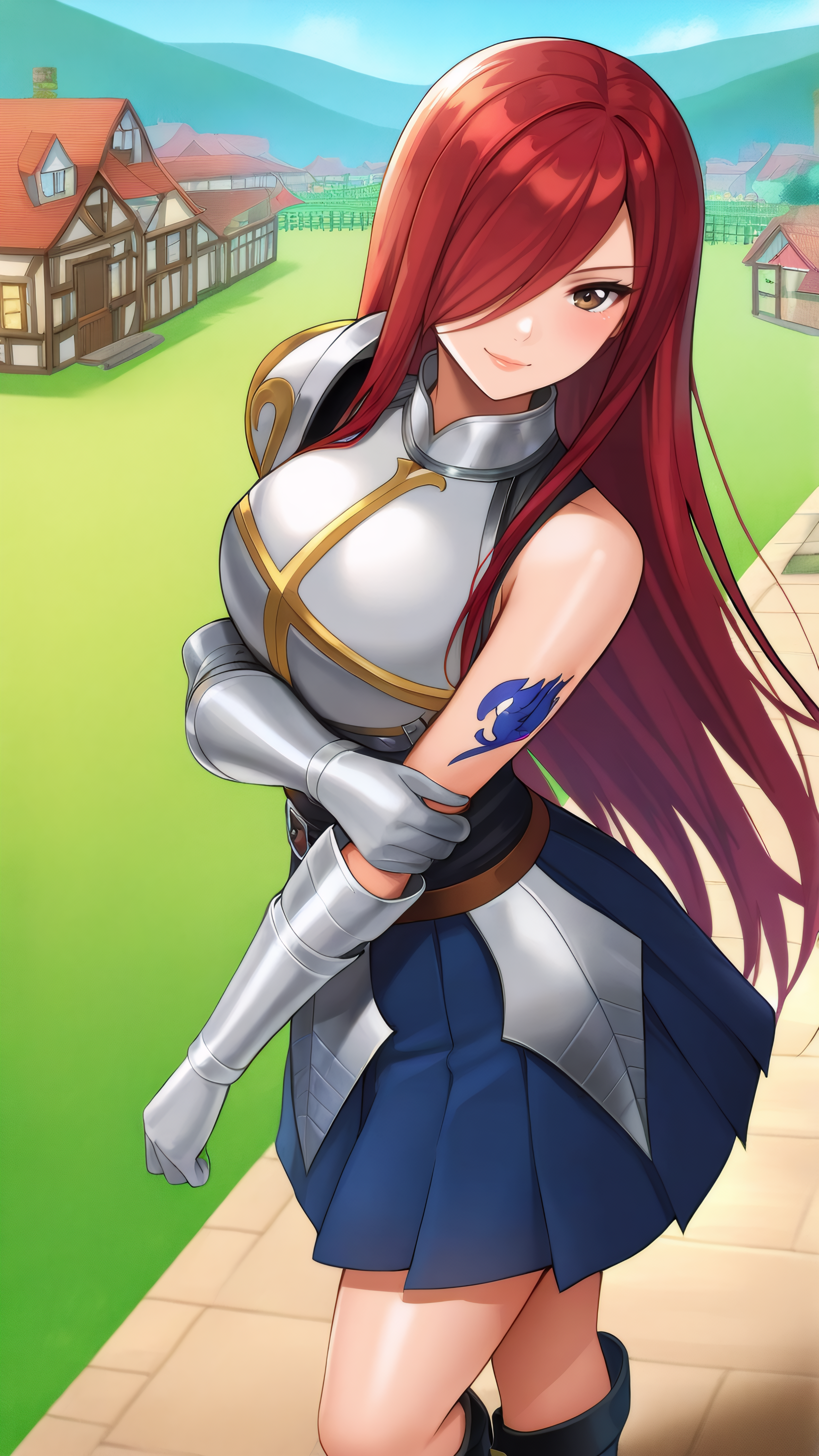masterpiece, best quality, very aesthetic, absurdres, BREAK, 1girl, looking at viewer, upper body, close-up, 
<lora:Heart_Kreuz_100YearsQuest_Illu_Dwnsty:0.8>, erz_hk100yearsq, brown eyes, red hair, long hair, hair over one eye, tattoo, breastplate, armor, blue skirt, pleated skirt, belt, shoulder armor, armored dress, knee boots, black footwear, 
large breasts, lips, light smile, from side, bare shoulders, holding own arm, head tilt, 
outdoors, village, nature, grass, scenery,