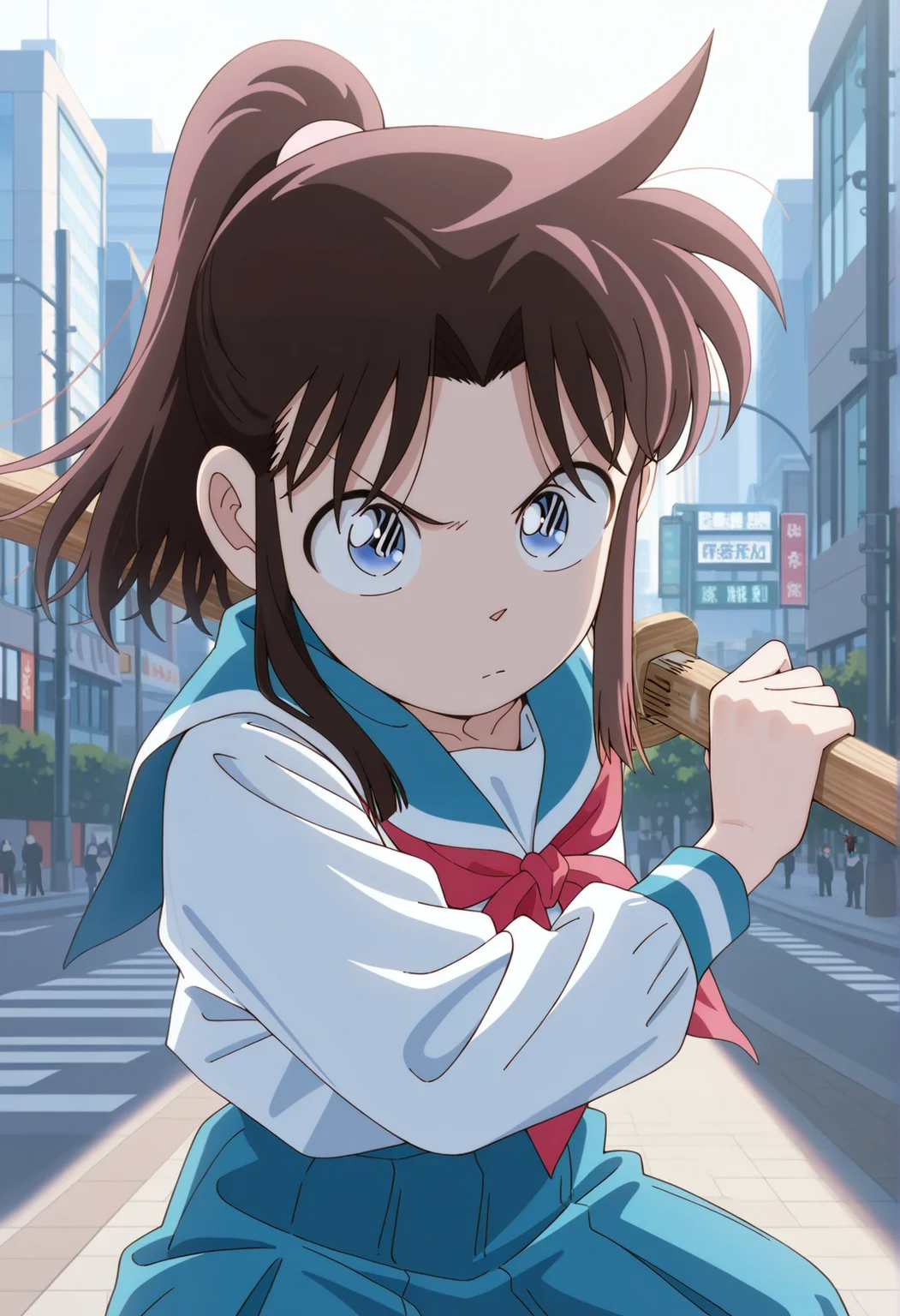 1girl, brown hair, long hair, sidelocks, ponytail, blue eyes, serafuku, outdoors, city, looking at viewer, serious, holding wooden sword, fighting stance,  <lora:saya_yaiba:1>, masterpiece, best quality, amazing quality, very aesthetic, absurdres, highres, newest