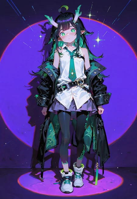 looking at viewer,full body shot,standing

1 girl,petite,loose unruly messy hair,messy bangs,black hair,green accents hair,fair skin,dragon horns,green eyes,(sparkling eyes:1.1),freckles,ahoge,pointy ear

Large Black coat with green accent,coat hanging sleeves,white sleeveless buttoned shirt,green tie, exposed shoulder,dark purple skirt,(black leggings:1.1),white sneakers,(black belt over shirt:1.2)

Color background, bright purple background,(shadow:1.2), light from front,glimmer, [scales design], sparkling,(analgylph:1.5),(spotlight:1.2),(purple hue:0.8),(colors green glowing:1.3)

Cunnystyle,748cmstyle,Smooth_Quality,masterpiece,best quality,amazing quality, aesthetic,(vibrant colors:1.7),(bold lines:1.3),(saturated:1.6)