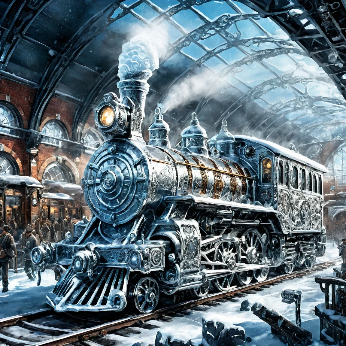 ice_art,ice,extremely detailed illustration of a steampunk train at the station, intricate details, perfect environment,<lora:ice_art:1>