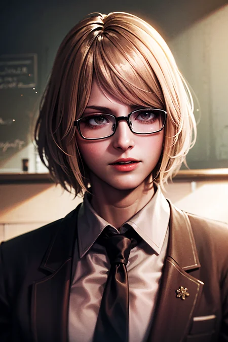 1girl, portrait of shot of re4ashley, athletic, black jacket, white shirt, black tie, glasses, classroom, volumetric lighting, best quality, masterpiece, intricate details, tonemapping, sharp focus, hyper detailed, trending on Artstation, realistic, <lora:sxz-ashley-graham:0.6>