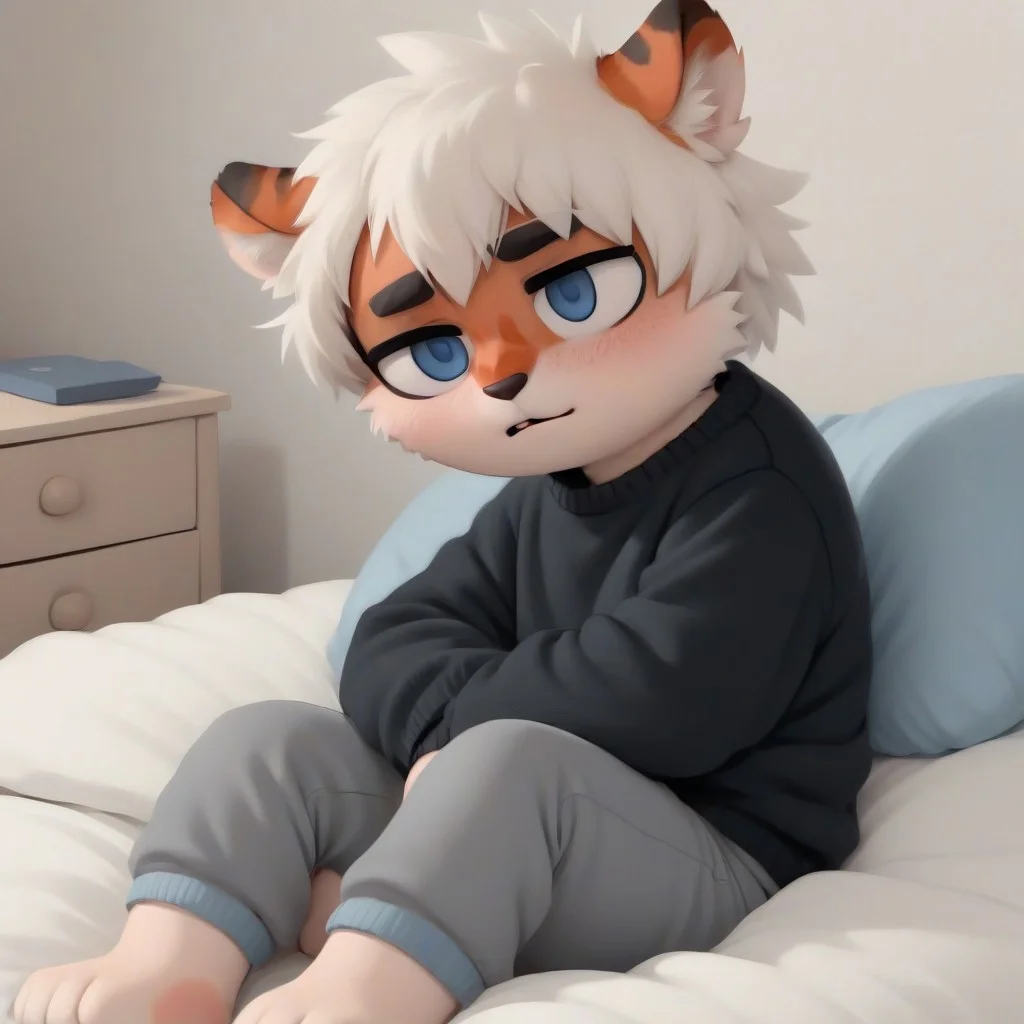 ((milkytiger)), white hair, blue eyes, tiger, furry, black sweater, gray shorts, 1boy, solo, sitting, in bed, shy, blush